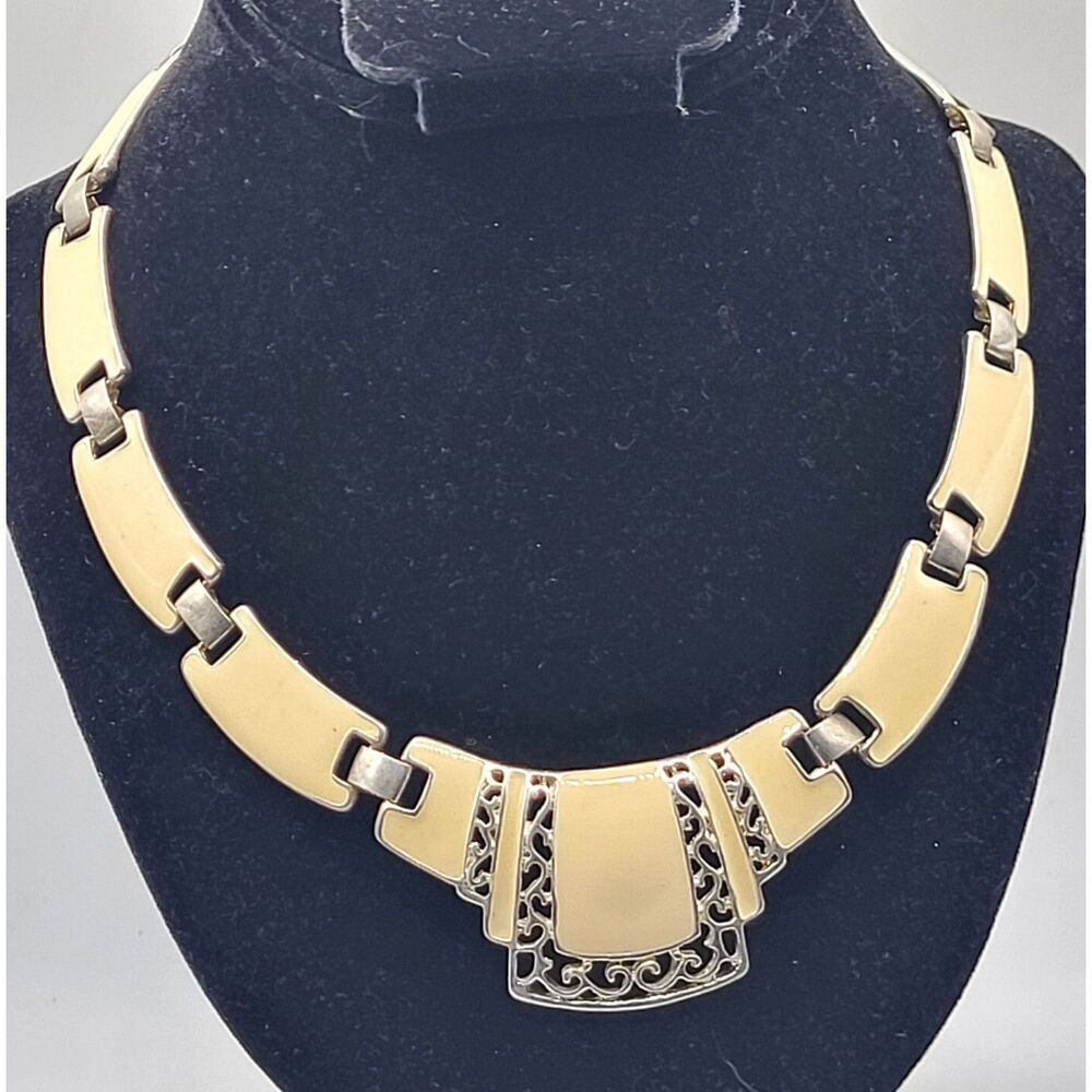 Ivory Enamel Choker Collar Statement Chunky Wide Necklace 17in